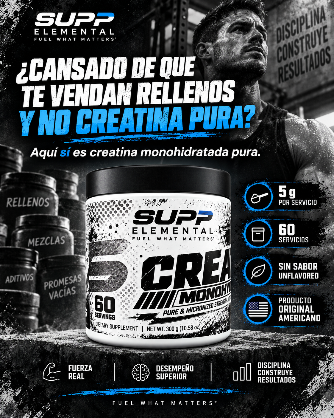 Creatina Monohidratada 100% Pura - Supp Element (300g / 60 Servicios)