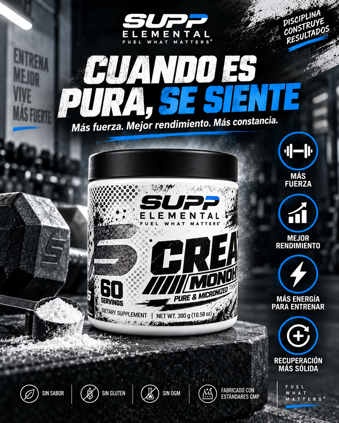 Creatina Monohidratada 100% Pura - Supp Element (300g / 60 Servicios)