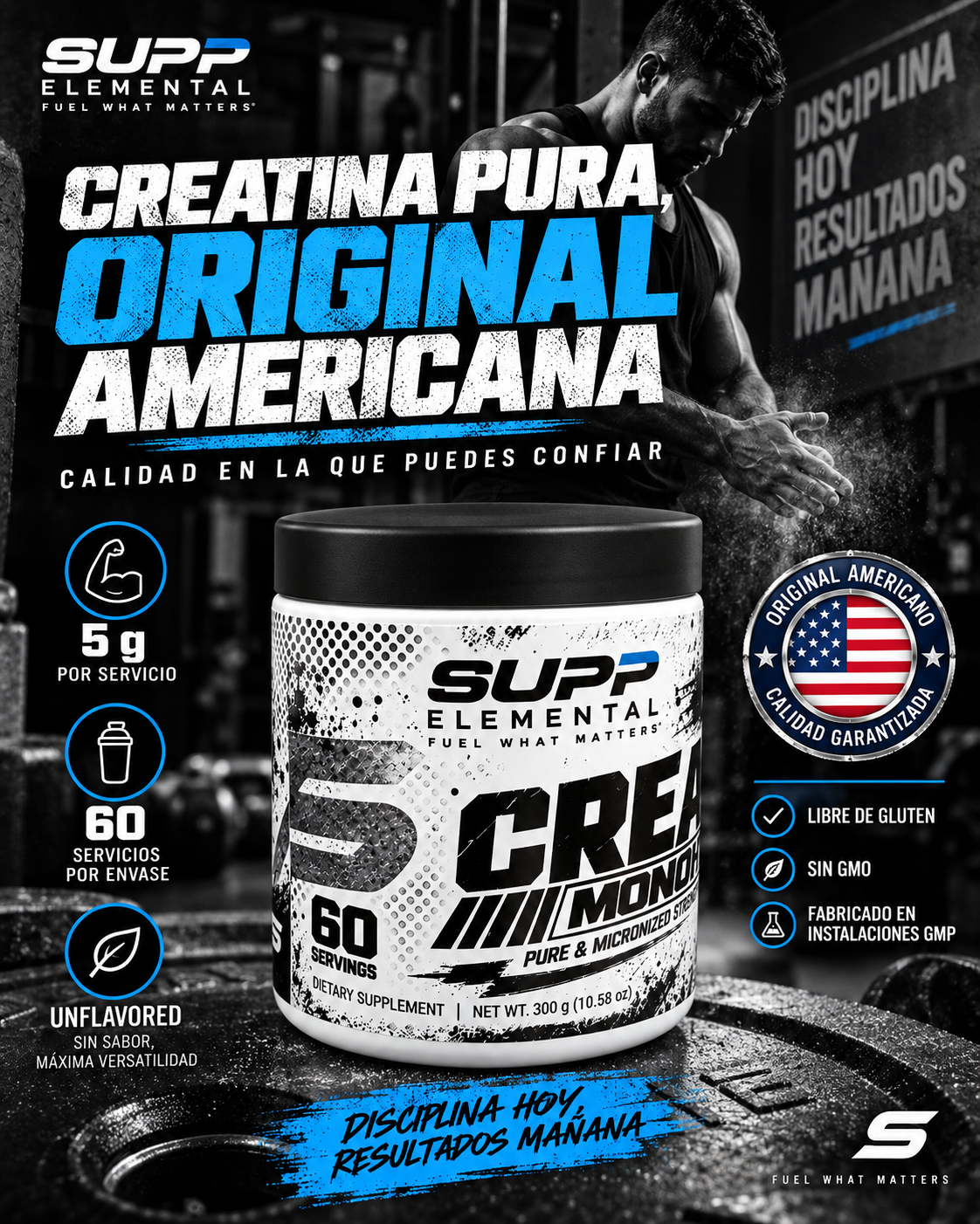 Creatina Monohidratada 100% Pura - Supp Element (300g / 60 Servicios)