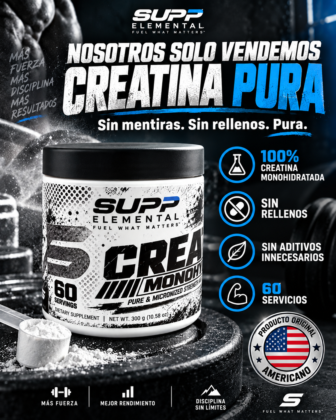 Creatina Monohidratada 100% Pura - Supp Element (300g / 60 Servicios)
