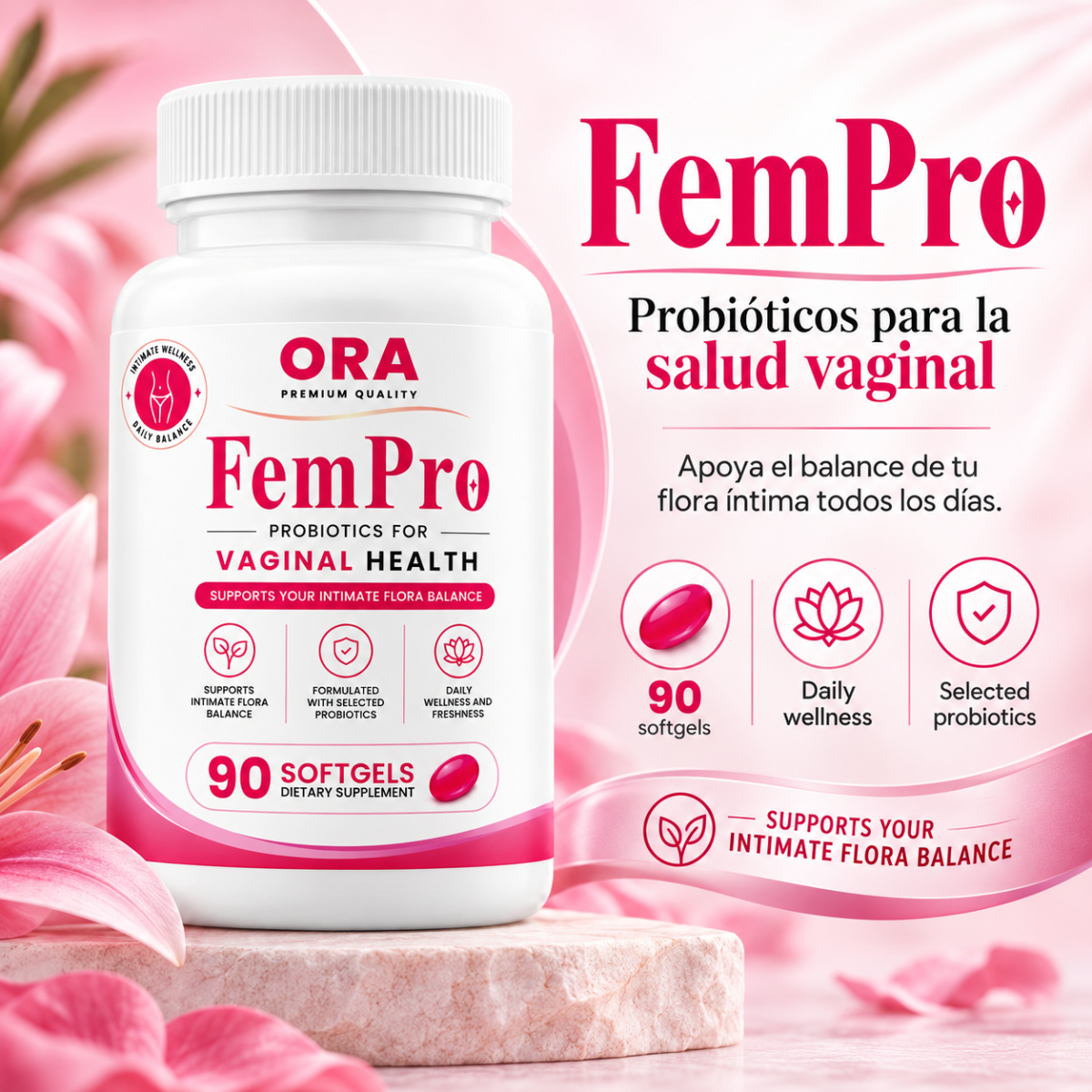 ORA Fem Pro – Probióticos para el Equilibrio Íntimo Femenino (90 Softgels)