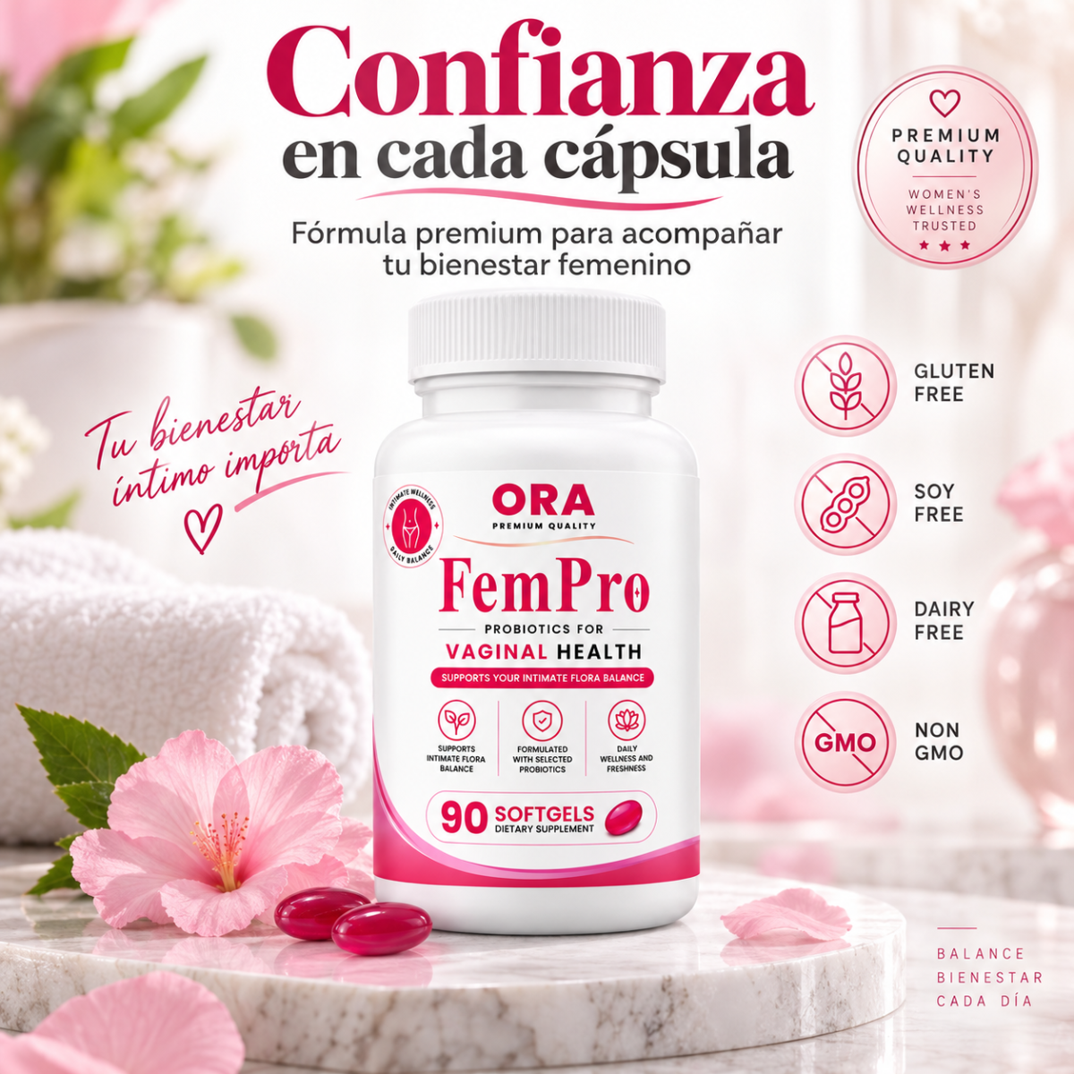 ORA Fem Pro – Probióticos para el Equilibrio Íntimo Femenino (90 Softgels)