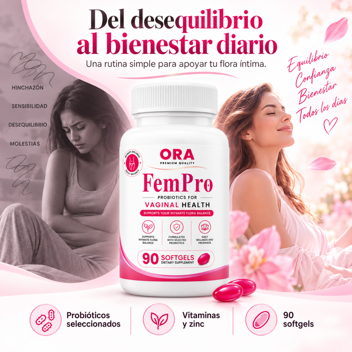 ORA Fem Pro – Probióticos para el Equilibrio Íntimo Femenino (90 Softgels)