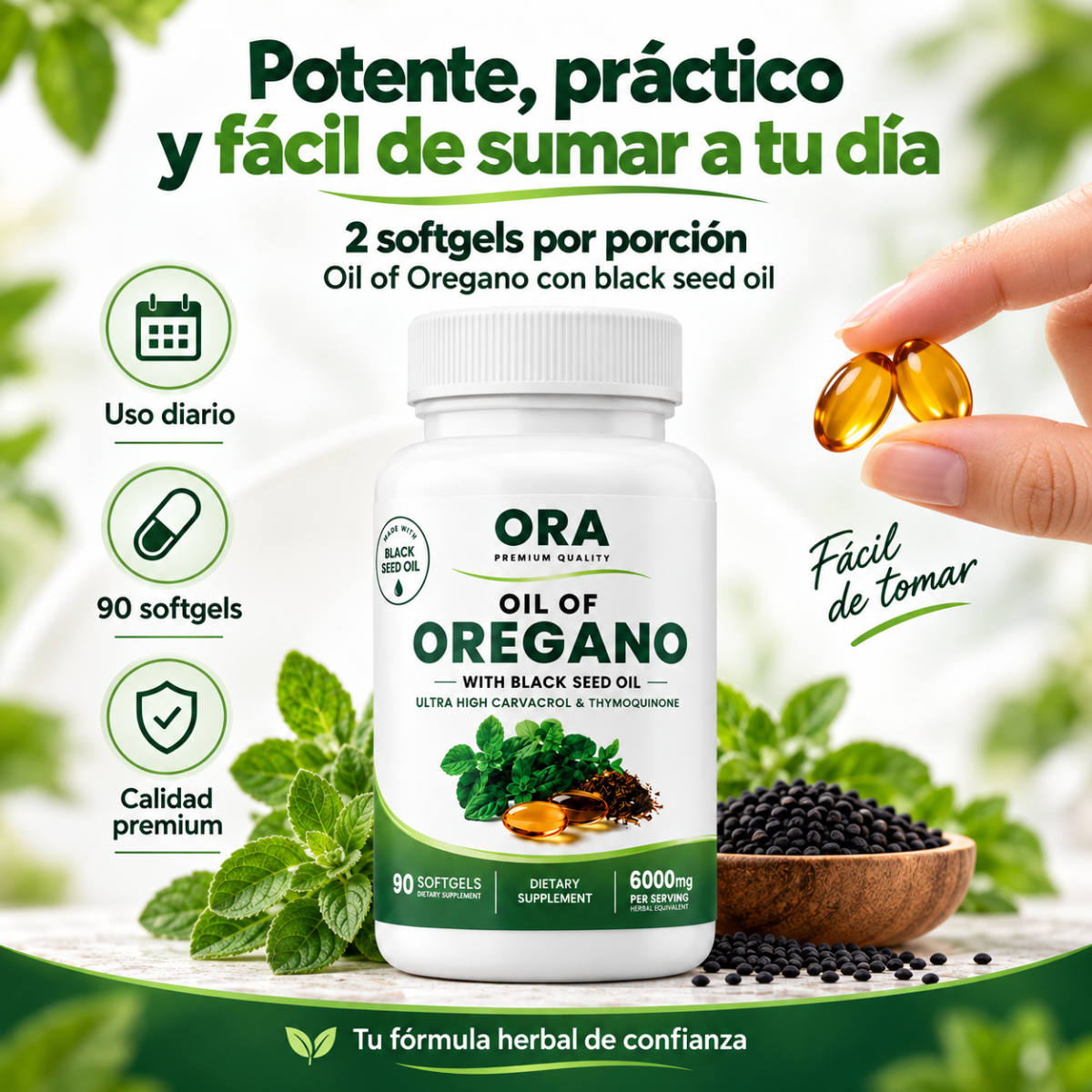 🌿 ORA Aceite de Orégano + Black Seed Oil (90 Softgels) | Aura Vital Ve