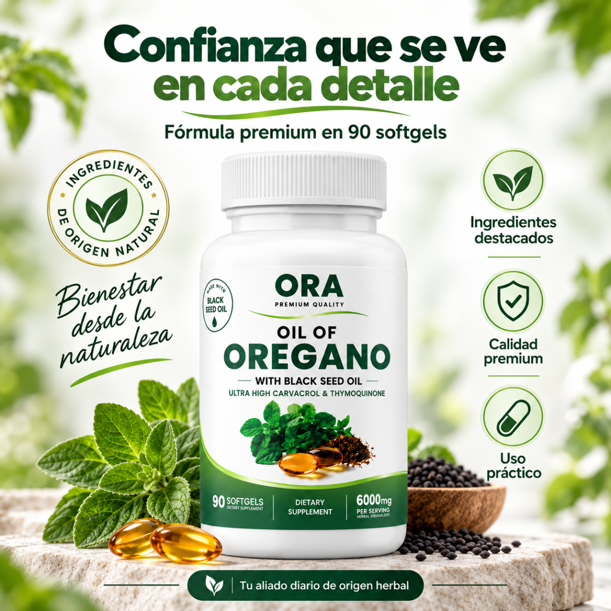 🌿 ORA Aceite de Orégano + Black Seed Oil (90 Softgels) | Aura Vital Ve